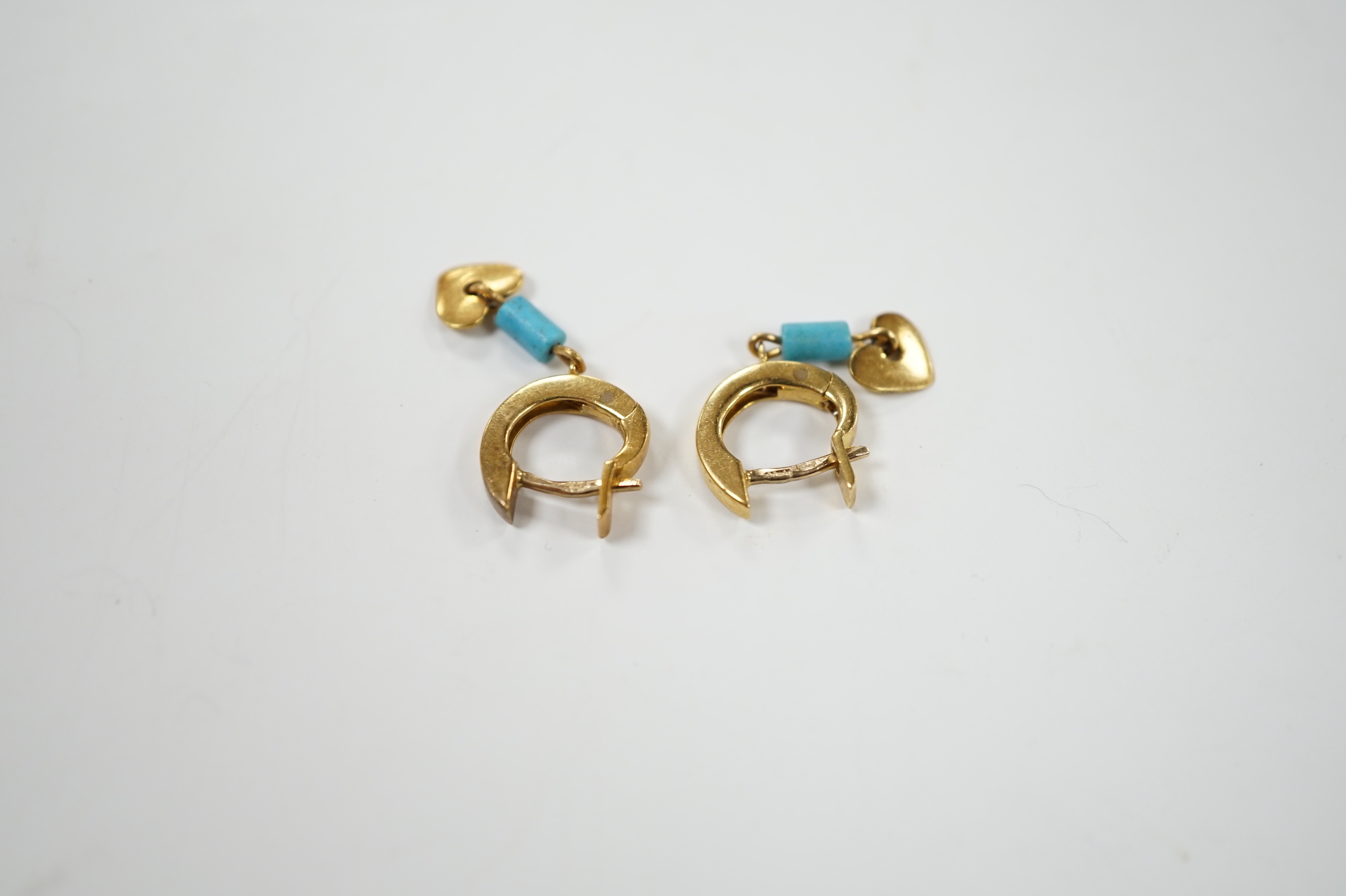 A modern pair of 18ct gold and turquoise? set heart drop earrings, drop 13mm, gross weight 4.2 grams.